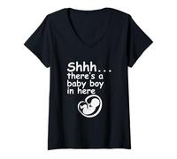 Womens Shhh... There's a Baby Boy in Here - Fun Pregnancy Maternity V-Neck T-Shirt