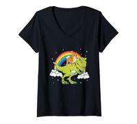 Womens Shiba Inu Dog Dinosaur Tyrannosaurus T-Rex Rainbow Cloud V-Neck T-Shirt