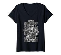 Women's Shiba Inu Drinking ice Coffee on a Swing b&w DIGOR V-Neck T-Shirt