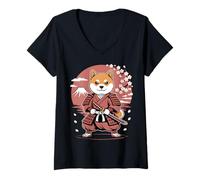 Women's Shiba Inu Samurai Japan Cherry Blossom Warrior V-Neck T-Shirt
