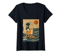 Women's Shiba Inu Surfing Japanese Wave V-Neck T-Shirt