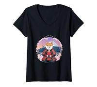 Womens Shiba Samurai Tokyo Japan Cherry Blossom V-Neck T-Shirt