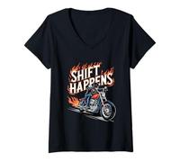 Womens Shift Happens Motorcycle Biker V-Neck T-Shirt