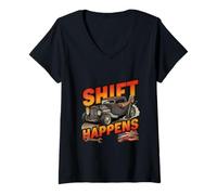 Womens Shift Happens - Stick Shift Humor Three Pedals V-Neck T-Shirt