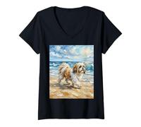 Women's Shihtzu at The Beach Sunny Summer Dog Artwork V-Neck T-Shirt