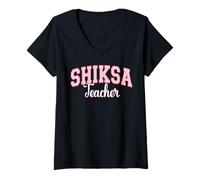 Womens Shiksa Teacher Jewish Yiddish Word Varsity Pink Letters V-Neck T-Shirt