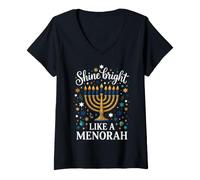 Women's Shine Bright Like a Menorah Hanukkah Gold Stars V-Neck T-Shirt