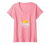 Women's Shine Bright Sun Design Inspirational Wall V-Neck T-Shirt, Pink, Medium