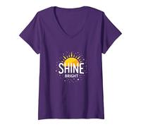 Women's Shine Bright Sun Design Inspirational Wall V-Neck T-Shirt, Purple, XX-Large