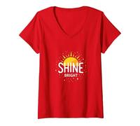 Women's Shine Bright Sun Design Inspirational Wall V-Neck T-Shirt, Red, XX-Large