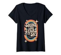 Womens Shine Like Stars Philippians 2:15 Retro Rainbow Bible Quote V-Neck T-Shirt