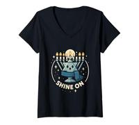 Womens Shine On Hanukkah Menorah Star Design V-Neck T-Shirt