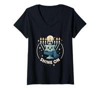 Womens Shine On Hanukkah Menorah Star of David Design V-Neck T-Shirt