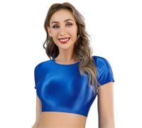 Women's Shiny Crop Tops, Smooth Glossy Short Sleeve Tank Vest, Slim Fitted Solid See Through T-Shirt Streetwear, Round Neck Sheer Seamless Disco Shirt Blouse for Festival Rave Dance Costume Clubwear