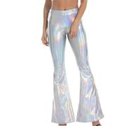 Women's Shiny Flare Pants, 80's High Waist Metallic Wide Leg Trousers for Disco, Wide Length Loose Sparkly Leggings for Dancewear Nightclub, Full Length Wet Look Trousers for Party Rave Carnival
