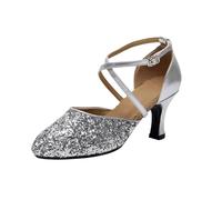 Women's Shiny Glitter Pumps Mid-High Heel Pointed Toe Dance Shoes Women's Chic and Elegant Leather Cross Ankle Strap Adjustable Buckle Heels Dance Shoes for Latin Evening, 01 Silver, 6 UK
