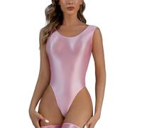 Women's Shiny Glossy Leotard, Sexy Sleeveless Crew Neck High Cut One Piece Bodysuit, Low Back Solid Sparkle Dance Jumpsuit, Slim Fit Mesh See Through Leotard for Training Swimwear Yoga Gym Workout