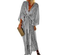 Women's Shiny Kimono Midi Dress - Summer Elegant Vacation Beachwear Mid-Sleeve Cardigan Bathing Suit Swimwear Bikini Cover Up Party Cocktail Wedding Guest Sarongs (Silver,M)
