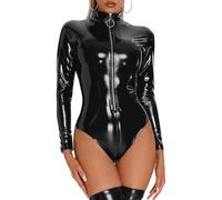 Women's Shiny Leather Bodysuit, Long Sleeve Glossy PVC One Piece Patent Catsuit, Wet Look Zipper Front Skinny Jumpsuit for Cosplay Clubwear, Metallic Stand Collar Nightwear Leotard for Festival Rave