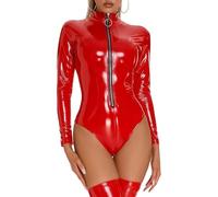 Women's Shiny Leather Bodysuit, Long Sleeve Glossy PVC One Piece Patent Catsuit, Wet Look Zipper Front Skinny Jumpsuit for Cosplay Clubwear, Metallic Stand Collar Nightwear Leotard for Festival Rave