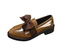 Women's Shiny Leather Loafer Bow Oversize Decorative Loafers and Loafers Women Round Toe Slip On Derbies Large Size Small Block Heel British Style City Office Daily, 01 Khaki, 7 UK
