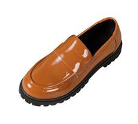 Women's Shiny Leather Loafers Loafers Round Toe Loafers No Laces Slip On Slip On Smooth Upper Thick Notched Sole | Modern Style for City, Office, Daily, 01 Brown, 4 UK