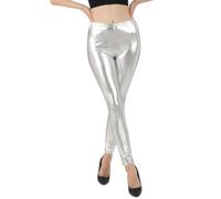 Women's Shiny Leggings, High Waisted Wet Look Metallic Disco Pants, Stretchy Slim Fit Lounge Dance Yoga Trousers, 80s Retro Skinny Lounge Tights for Dancewear Nightclub Rave Party Fancy Dress