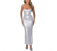 Women's Shiny Long Evening Dress, Spaghetti Strap Metallic Ruched Bodycon Maxi Dress, Sleeveless Backless Sparkly Long Pencil Cami Formal Dresses, Solid Elegant Scoop Casual Bridesmaid Party Dresses