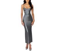 Women's Shiny Long Evening Dress, Spaghetti Strap Metallic Ruched Bodycon Maxi Dress, Sleeveless Backless Sparkly Long Pencil Cami Formal Dresses, Solid Elegant Scoop Casual Bridesmaid Party Dresses
