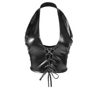 Women's Shiny Metallic Halter Tank Top Sexy Wet Look Deep V Neck Camisole Tube Vest Bra Crop Slim Fit Front Lace Up Punk T-Shirt Costume Outfits for Rave Concert Clubwear Dance Photo Shoots Black