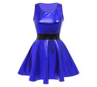 Women's Shiny Metallic Mini A-Line Dress - Sleeveless Holographic Pleated for Disco Night Club Dance Party - Halloween Carnival Alien Costume Space Girls Rave Outfit - Royal Blue S