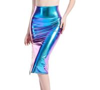 Women's Shiny Midi Skirts, High Waist Sparkly Metallic Bodycon Pencil Skirt, PVC Wet Look Split Side Midi Bodycon Club Skirt, Tummy Control Slim Fit Bandage Dress for Party Night Club Rave Cocktail