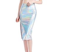 Women's Shiny Midi Skirts, High Waist Sparkly Metallic Bodycon Pencil Skirt, PVC Wet Look Split Side Midi Bodycon Club Skirt, Tummy Control Slim Fit Bandage Dress for Party Night Club Rave Cocktail
