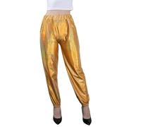 Women's Shiny Pants, 70's 80's Mid Waist Metallic Holographic Color Hippie Casual Trousers, Elastic Loose Sparkly Leggings for Dance Nightclub, Full Length Wet Look Trousers for Party Rave Carnival