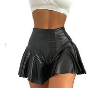 Women's Shiny PU Leather Shorts High Waist Ruffle Dance Bottoms Booty Shorts Rave Mini Hot Pants, Black-ruffle, L