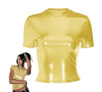 Women's Shiny Tops, Holographic Metallic Short Sleeve Slim Fit T-Shirt, Shimmer Crop Top Mock Neck Party Blouse, Glitter Sparkle Disco Tee Shirt Blouse for Festival Rave Dance Costume Clubwear Gold