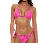 Women's Shiny Triangle Bikini Set Sequin Halter String Backless Tie Side Two Piece Swimsuit Bathing Suit, Rose Red, 6-8