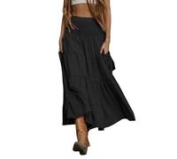 Womens Shirred High Elastic Waist Casual Boho Flowy Maxi Skirts Summer Hippie Gypsy 2 in 1 A-line Long Beach Skirt Dress with Pockets