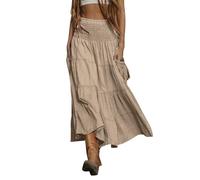 Womens Shirred High Elastic Waist Casual Boho Flowy Maxi Skirts Summer Hippie Gypsy 2 in 1 A-line Long Beach Skirt Dress with Pockets