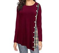 Womens Shirt Checked Long Sleeve Tops Blouses Plaid Shirt Blouse Stitching irregular hem T-Shirt Crew Neck Shirts Tunic Tartan Button-Down Casual Tops Sweatshirt Plaid Button Tunic Blouse