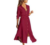 Women's Shirt Dresses Loose Plus Size Long Sleeve Button Down Work Office Dress for Women UK Casual Dressy Plain Waist Tie Maxi Shirt Dress Basic Linen Fit and Flare Dresses