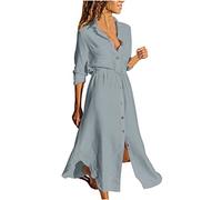 Women's Shirt Dresses Loose Plus Size Long Sleeve Button Down Work Office Dress for Women UK Casual Dressy Plain Waist Tie Maxi Shirt Dress Basic Linen Fit and Flare Dresses