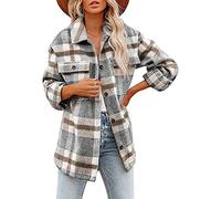 Women's Shirt Jacket Check Flannel Shirt Lumberjack Shirt, Oversized Blouse Button Coat Women's Checked Long Sleeve Shirt, Checked Jacket Women's Fleece Shirt (Color : Khaki, Size : S)