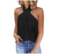 Women's Shirt Short Sleeve Fashion Plain Sleeveless Halterneck Vest Top for Women Nowitzki Shirt, black, L