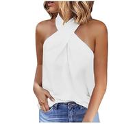 Women's Shirt Short Sleeve Fashion Plain Sleeveless Halterneck Vest Top for Women Nowitzki Shirt, White, XL