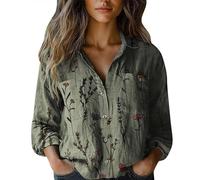 Womens Shirts and Blouses UK Boho Tops for Women Retro Button Down Long Sleeve Linen Shirt Fashion Casual Elegant Floal Print Ladies Blouses Lightweight Business Work Womens Tunics A5 Green