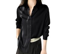 Womens Shirts And Blouses Uk - Women’s Satin Silk Blouse Button Down Casual Loose Long Sleeve Work Edition Shirt