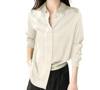 Womens Shirts And Blouses Uk - Women’s Satin Silk Blouse Button Down Casual Loose Long Sleeve Work Edition Shirt