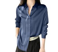 Womens Shirts And Blouses Uk - Women’s Satin Silk Blouse Button Down Casual Loose Long Sleeve Work Edition Shirt