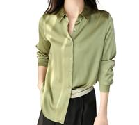Womens Shirts And Blouses Uk - Women’s Satin Silk Blouse Button Down Casual Loose Long Sleeve Work Edition Shirt